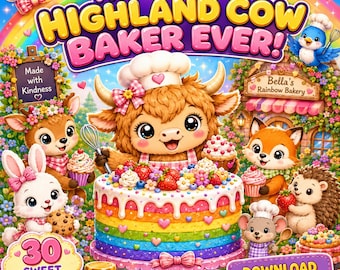 Bellas Regenbogenbäckerei-Malbuch für Kinder: Niedliches Kawaii-Hochlandrind-Abenteuer mit Cupcakes, Keksen und süßer Bäckereimagie