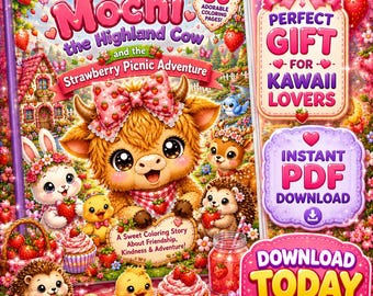 Mochi, die Hochlandkuh: Erdbeerpicknick-Abenteuer – Malbuch für Kinder | Niedliche Kawaii-Tiere, Cottagecore-Spaß, 30 Seiten