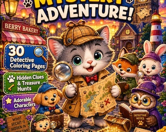 Whiskers und die Geheimnisse der Mystery Town | Niedliches Detektiv-Malbuch für Kinder von 4-8 Jahren | 30 Seiten voller spannender Abenteuer (PDF)