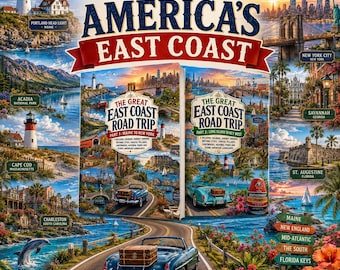 Den stora östkustresan med målarböcker | 70 resesidor från USA | Maine till Key West | Utskrivbar PDF för vuxna