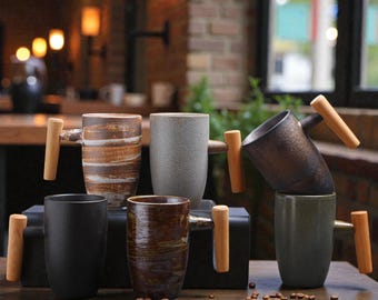 Handmade Japanese Ceramic Coffee Mug, Artisan Pottery Mug with Wooden Handle, Minimalist Tea & Coffee Cup, Unique Handmade Gift