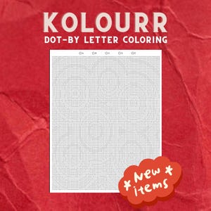 May include: A white rectangular dot-by-letter colouring sheet featuring a grid of letters and a colour key at the top labelled A through E. The text KOLOURR DOT-BY-LETTER COLOURING appears above the sheet, and a red cloud graphic says New items.