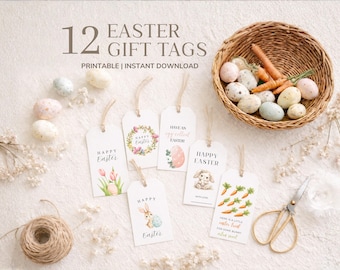 Étiquettes minimalistes pour cadeaux de Pâques à imprimer, étiquettes lapin de Pâques, étiquettes pour panier de Pâques, étiquettes pour friandises de Pâques, dessins aquarelle lapin et carotte