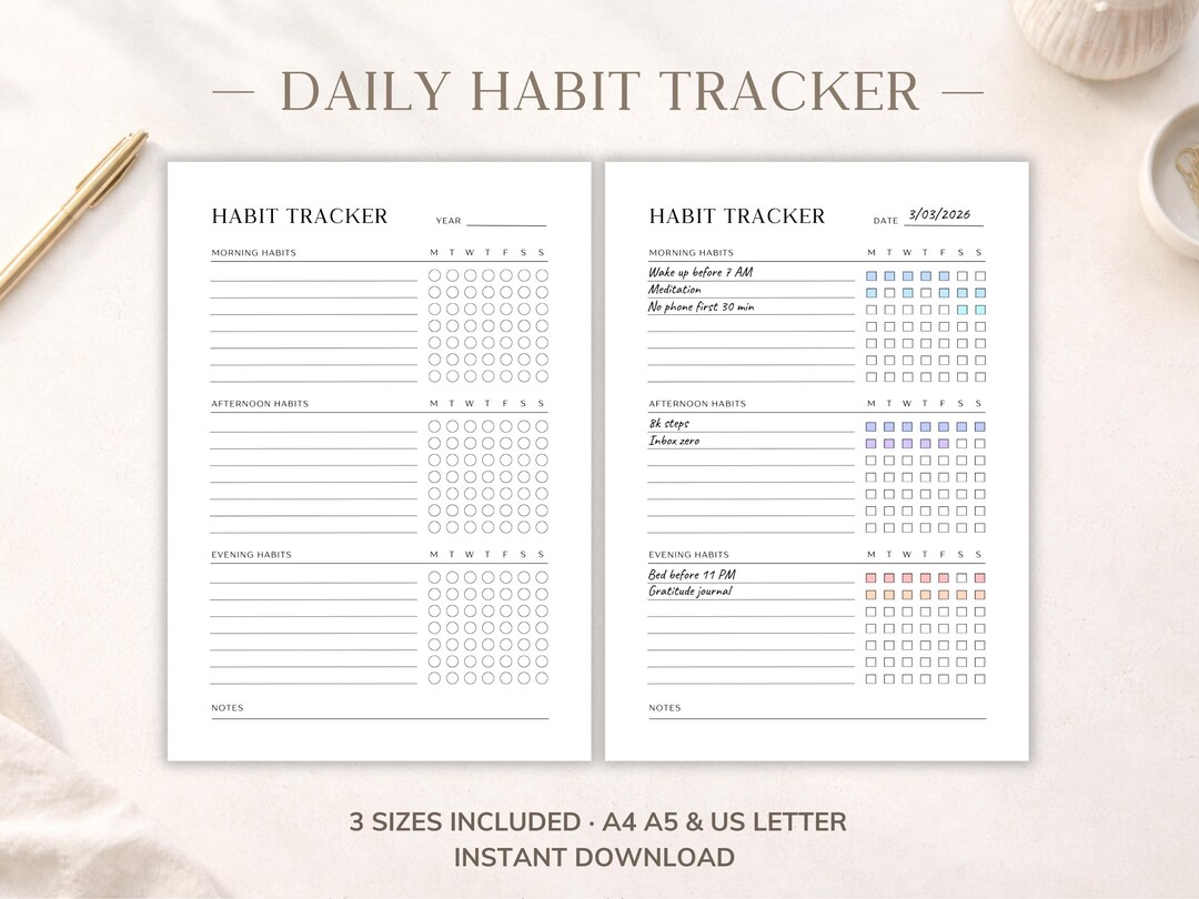 Daily Habit Tracker Printable PDF | Minimalist Morning, Afternoon ...