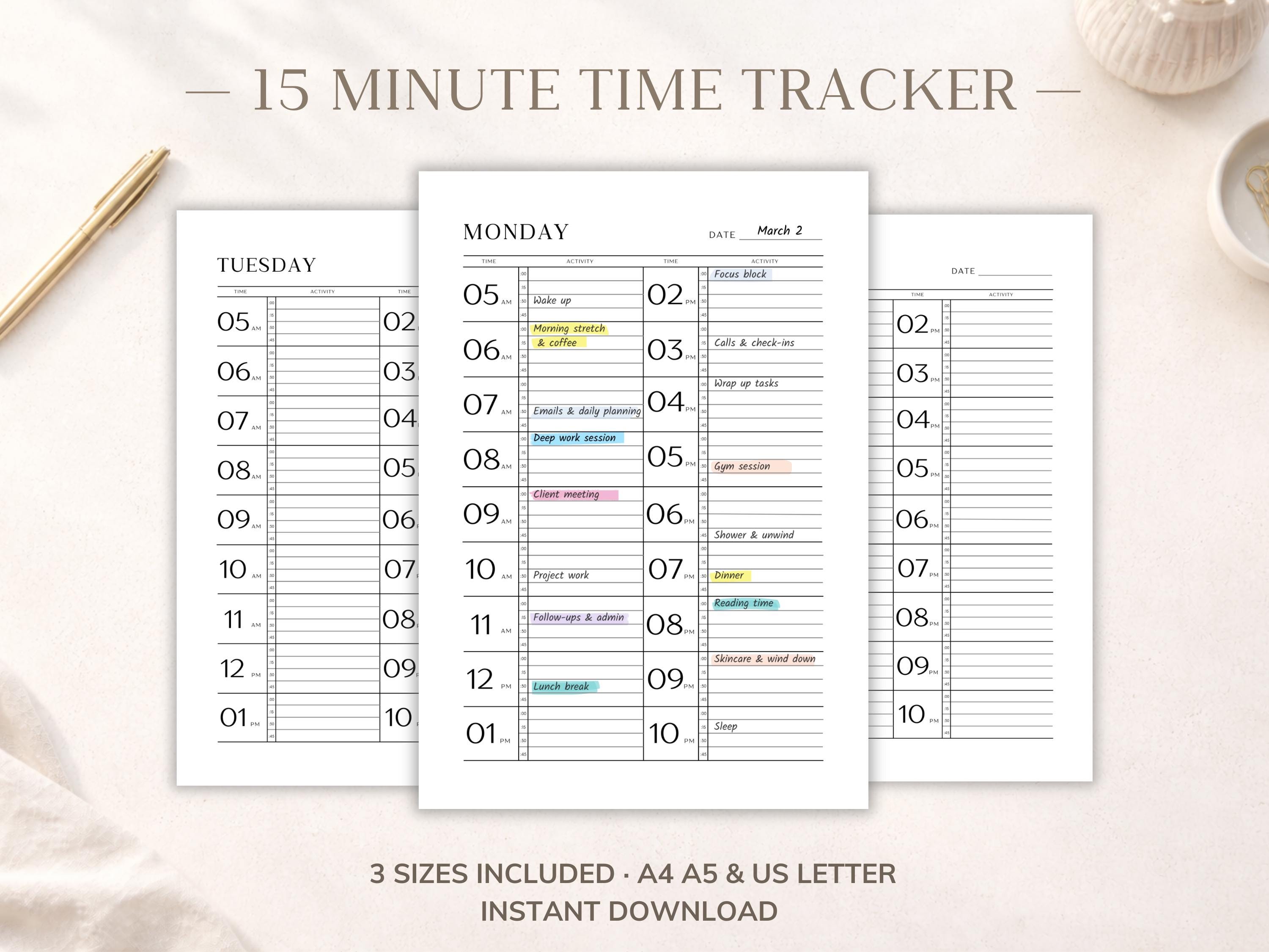 15 Minute Time Tracker Printable | Minimal Daily Time Blocking Planner ...