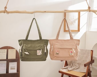 Soft Corduroy Tote Bag, Shoulder Bag, Everyday Casual Travel