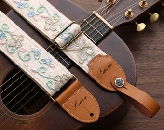 Vintage Lace Butterfly Embroidered Guitar Strap | Personalized Leather Acoustic Electric Bass Guitar Strap | Custom Musician Gift for Her