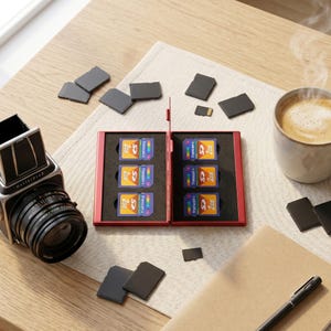 Può includere: Una custodia rossa per schede SD con diverse schede SD, una fotocamera e una tazza di caffè su un tavolo di legno. La custodia è aperta, rivelando schede SD con "2GB" e "Transcend". Diverse schede SD sparse.
