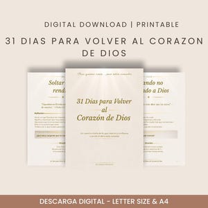Puede incluir: Una descarga digital imprimible con tres páginas. El título "31 Días para Volver al Corazón de Dios" está en español. Las páginas tienen un fondo crema con texto en una fuente serif. La parte superior de la imagen dice "Descarga digital | Imprimible".