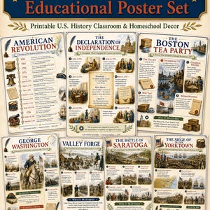 May include: A set of seven educational posters detailing the American Revolution, featuring historical illustrations, timelines, and text about the Declaration of Independence, Boston Tea Party, George Washington, and key battles like Saratoga and Yorktown.