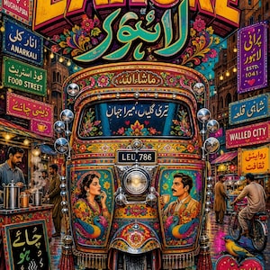 Pode incluir: Ilustração colorida de uma cena de rua vibrante em Lahore, Paquistão. A imagem apresenta um riquexó decorado com retratos, rodeado por lojas e letreiros em urdu. A palavra "Lahore" é exibida em letras grandes e ornamentadas.