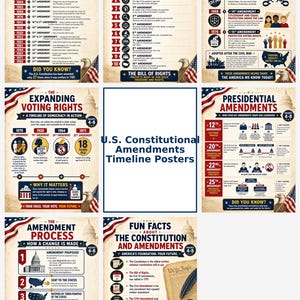 May include: A set of seven educational posters detailing U.S. Constitutional Amendments, the Bill of Rights, voting rights, and the amendment process. Each poster features red, white, and blue patriotic borders, eagle illustrations, and text.