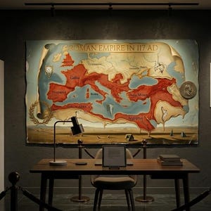 May include: A room featuring a large map of the Roman Empire in 117 AD, with red and beige tones. A desk with a lamp and chair sits in front of the map. A bookshelf and framed art pieces are also visible.