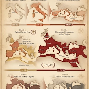 May include: A detailed infographic illustrating the rise and fall of the Roman Empire. The map shows the empire's expansion from 509 BC to 476 AD, with key phases and territories highlighted in various colors. Text includes phases, dates, and geographical names.
