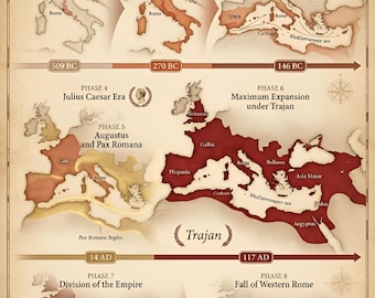 Roman Empire Erweiterungs-Zeitleiste Karten druckbar, Aufstieg und Fall von Rom Poster, antikes römisches Reich Geschichte Wandkunst, 509 BC bis 476 n