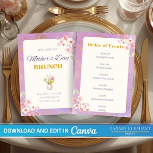 May include: Mother's Day Brunch invitation with a floral design. The invitation features a lavender background with gold accents and pink floral illustrations. The text includes the event details and order of events.