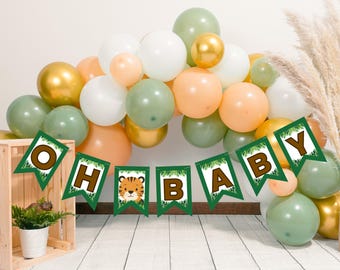 Banner de safari para baby shower, plantilla editable de Canva, temática de la jungla (descarga digital)