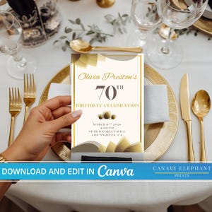 May include: A rectangular birthday invitation card featuring gold and brown abstract shapes, with the text Olivia Preston's 70th Birthday Celebration, March 8th 2026, 4:00 PM, Star Banquet Hall, Los Angeles, CA, and the text Download and Edit in Canva.