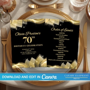 May include: A black and gold birthday program card featuring the text Olivia Preston's 70th Birthday Celebration, March 8th 2026, 4:00 PM, Star Banquet Hall, Los Angeles, CA, and an Order of Events list with times from 6:00 PM to 10:00 PM.