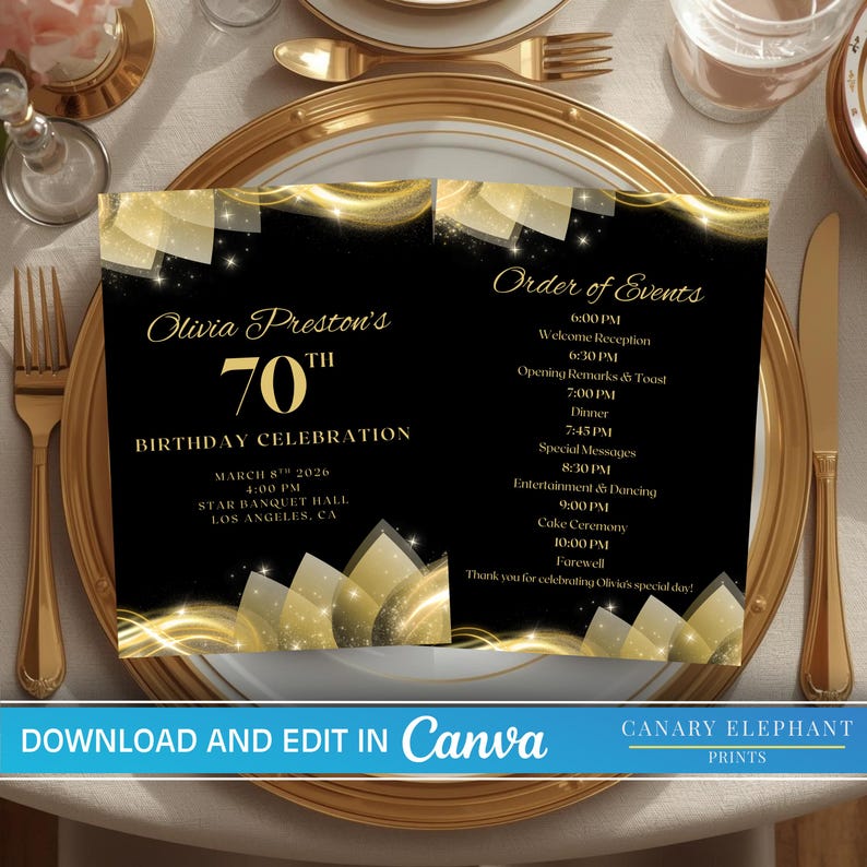 Black Gold Birthday Program Template, Editable Printable Canva Birthday ...