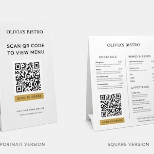 May include: Two white table menus from Olivia's Bistro. The portrait version says "Scan QR Code to View Menu" and "Scan to Order". The square version displays a menu with cocktails, wines, and appetizers. Both have a QR code.
