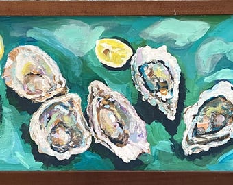 Oysters, for Sharing: Still Life Painting with Lemons – Original Acrylic Coastal Kitchen Art 44x13.5
