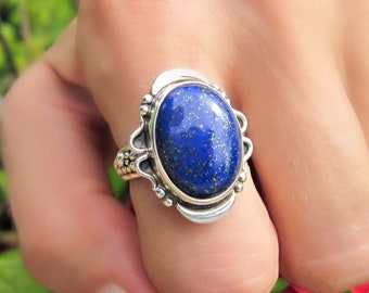 Lapis Lazuli & Blue Topaz Treasure Ring, Size 7 Ring, 925 Silver Ring, Hallmarked, Sterling Silver Lapis Lazuli w Blue Topaz Gemstone Ring