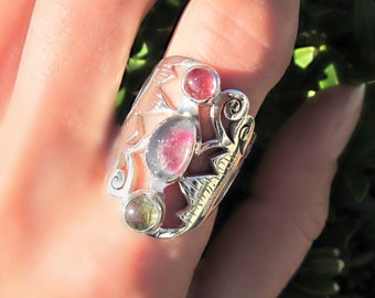 Amazing Watermelon Tourmaline Ring, 925 Hallmarked Silver Ring, Unique Handmade Sterling Silver One of a Kind Tourmaline Large Stone Ring