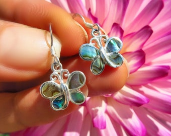 Abalone Butterfly Earrings, 925 Silver Earrings, Hallmarked, Sterling Silver Rainbow Paua Shell Butterfly Short Drop Earrings, Gifts for Her