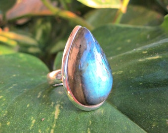 Labradorite Deep Blue Sea Ring, Size 5 Ring, 925 Silver Ring, Hallmarked, Sterling Silver Blue Labradorite Large Stone Ring for Small Sizes