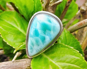 Gorgeous Larimar Ring, Size 7 Ring, 925 Silver Ring, Hallmarked, Sterling Silver Dominican Republic Natural Larimar Large Gemstone Ring,