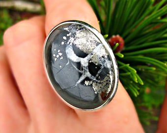 Septarian Dragon Ring, Size 6 Ring, 925 Silver Ring, Hallmarked, Large Stone Ring, Septarian Fossil with Cubic Pyrite Inclusions, Cool Rocks