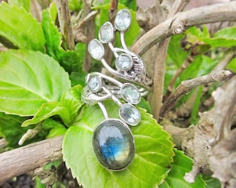 Labradorite & Blue Topaz Phoenix Ring, Adjustable, 925 Silver Ring, Sterling Silver Unique Design Natural Gemstone Large Statement Ring