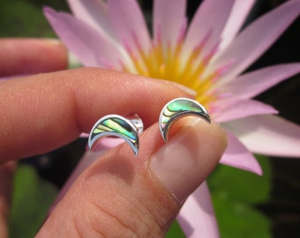 Abalone Moon Studs, 925 Silver Studs, Hallmarked, Sterling Silver Rainbow Paua Shell Crescent Moon Design Studs, Boxed Gifts, Gifts for Her