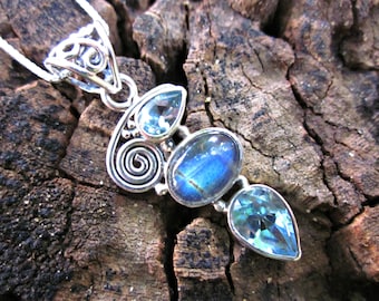 Labradorite & Blue Topaz Bella Necklace, 925 Hallmarked Silver Necklace, Sterling Silver Labradorite with Blue Topaz Unique Design Pendant