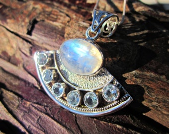 Moonstone & Blue Topaz Aphrodite Necklace, 925 Hallmarked Silver Necklace, Sterling Silver Rainbow Moonstone Unique Large Gemstone Pendant