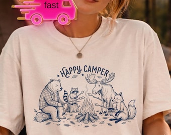 Campfire Buddies Shirt, Happy Camper T-Shirt, Forest Animals Campfire Graphic Tee, Nature Lover Gift