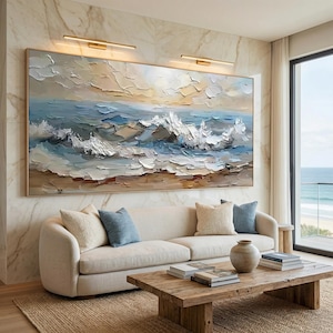 Dipinto a olio originale su tela con paesaggio marino – Grande arte murale astratta con oceano – Decorazione costiera personalizzata dipinta a mano
