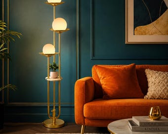 Gold Globe Floor Lamp with Shelf, Mid-Century Modern Dimmable Standing Light