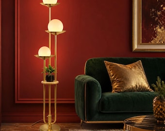 Gold Globe Floor Lamp with Shelf, Mid-Century Modern Dimmable Standing Light