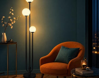 Modern Globe Floor Lamp, Dimmable Black Standing Light, 63in U-Shaped Metal Frame