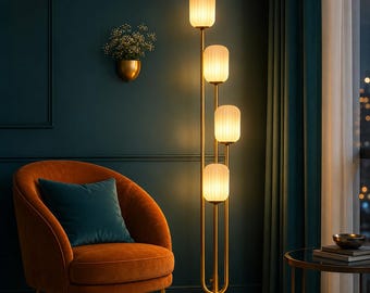 Gold Floor Lamp 4-Light Dimmable Standing Lamp, Modern Tall Floor Lamp with Cylinder Shades for Living Room Bedroom