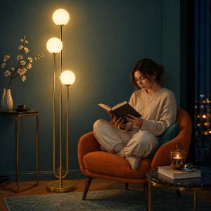 May include: A modern floor lamp with three spherical, glowing lights. The lamp has a gold finish and stands next to an orange armchair. A person is sitting in the chair, reading a book. The room has a dark teal wall and a small side table.