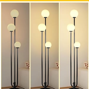 May include: A black floor lamp with three spherical white glass shades. The lamp's brightness is shown at 30%, 60%, and 100%. The text at the top reads "Fully Dimmable 0-100% Brightness".