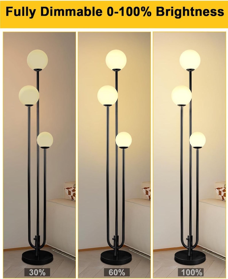 May include: A black floor lamp with three spherical white glass shades. The lamp's brightness is shown at 30%, 60%, and 100%. The text at the top reads "Fully Dimmable 0-100% Brightness".