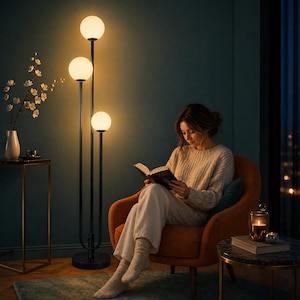 May include: A black floor lamp with three spherical, frosted glass shades. The lamp is positioned next to a person reading in an orange armchair. The room has a dark teal wall and a small side table with a vase and flowers.