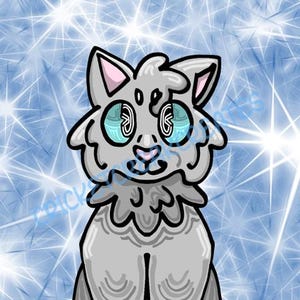 May include: A cartoon illustration of a gray cat with blue eyes and pink inner ears. The cat has a fluffy appearance and is set against a blue background with white starbursts.