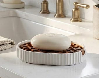 Soap Dish with Drainage Grid | Oval Honeycomb Soap Holder | Two-Tone Bathroom Decor