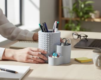 Desk Organizer Pen Holder | Multi Section Office Caddy | Dotted Texture Decor | Modern Home Gift
