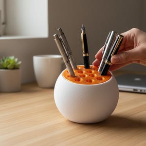 Peut inclure: Un porte-stylos blanc et orange avec plusieurs stylos à l'intérieur. Le porte-stylos est sphérique avec une base plate. Le dessus du support est orange avec plusieurs trous pour les stylos. Une main tend la main vers un stylo.